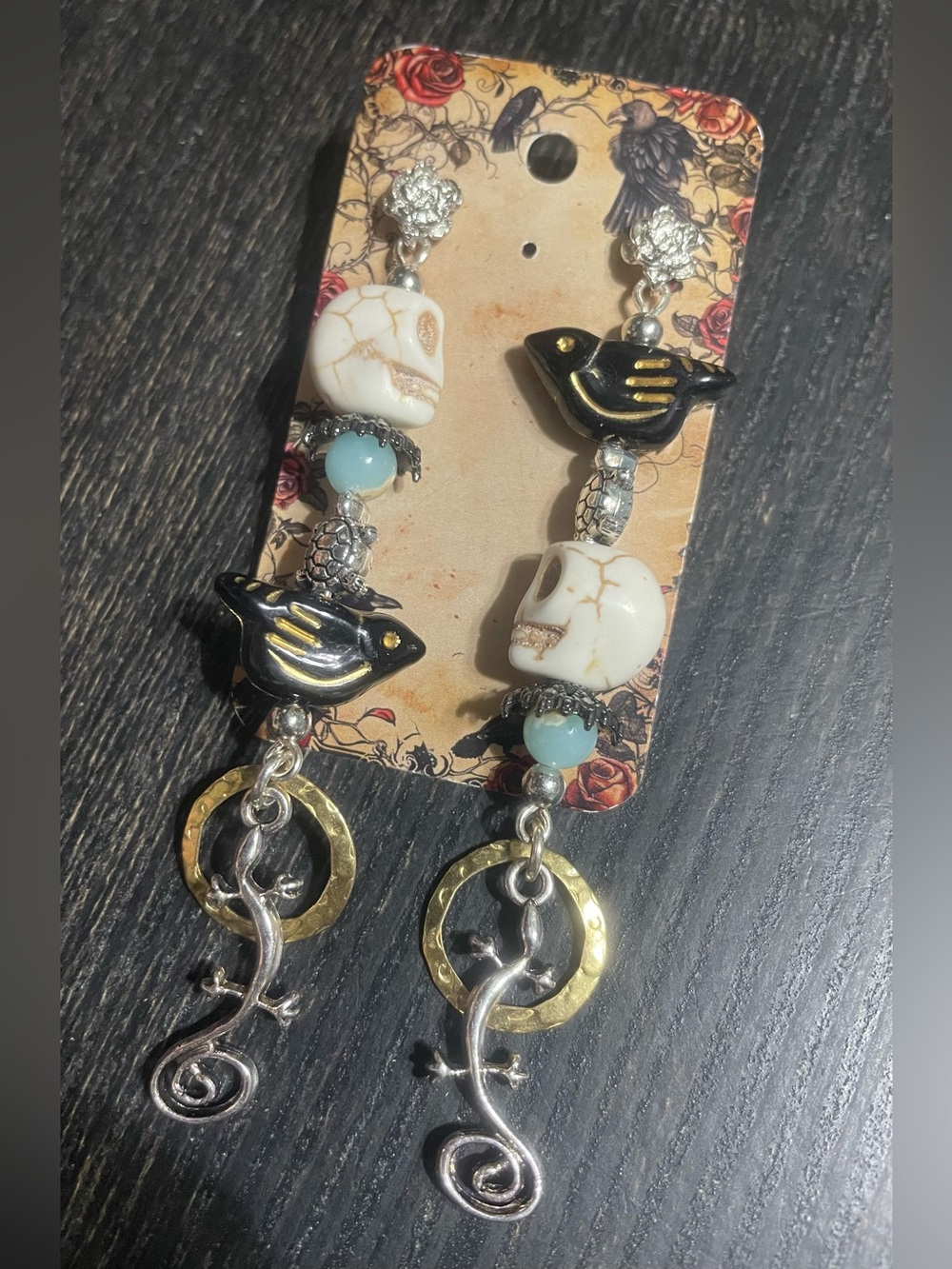 Hand Crafted Skull Black Bird Lizard Turtle Totem Earrings
